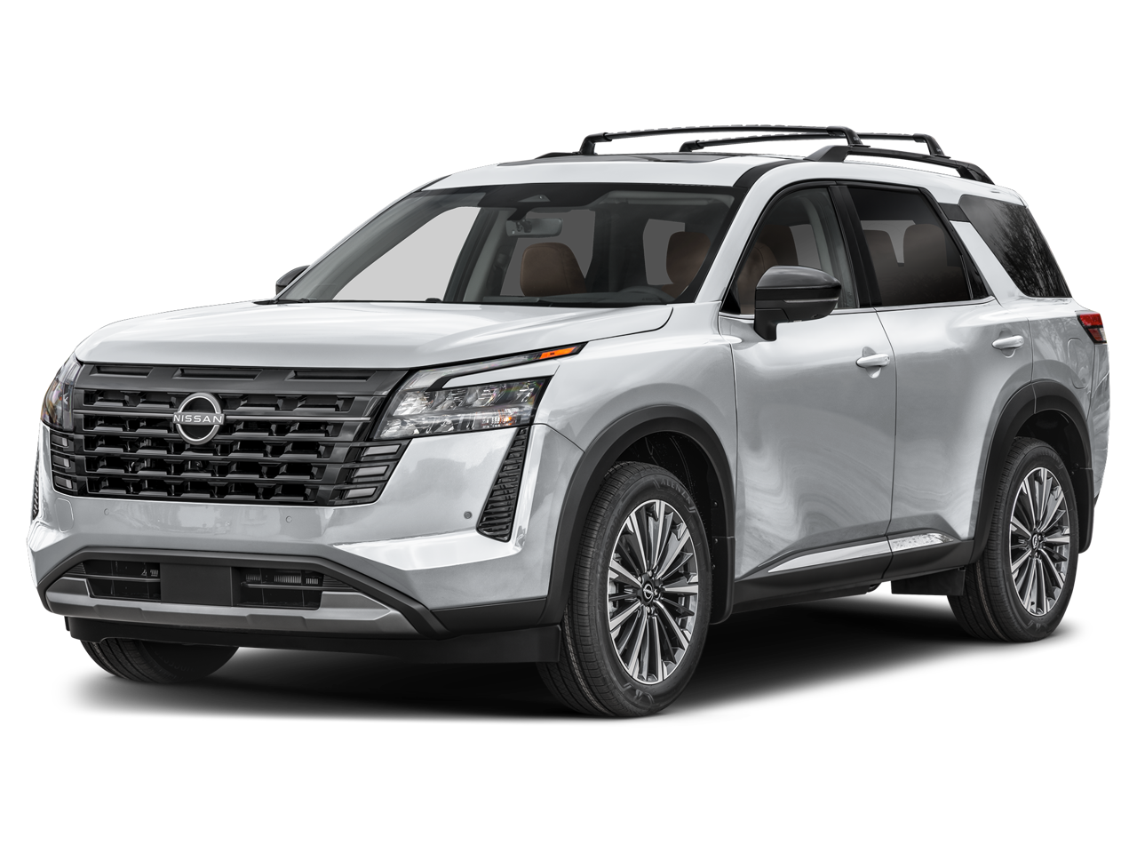 2026 Nissan Pathfinder Platinum in Everest White Pearl Tricoat — front three-quarter view