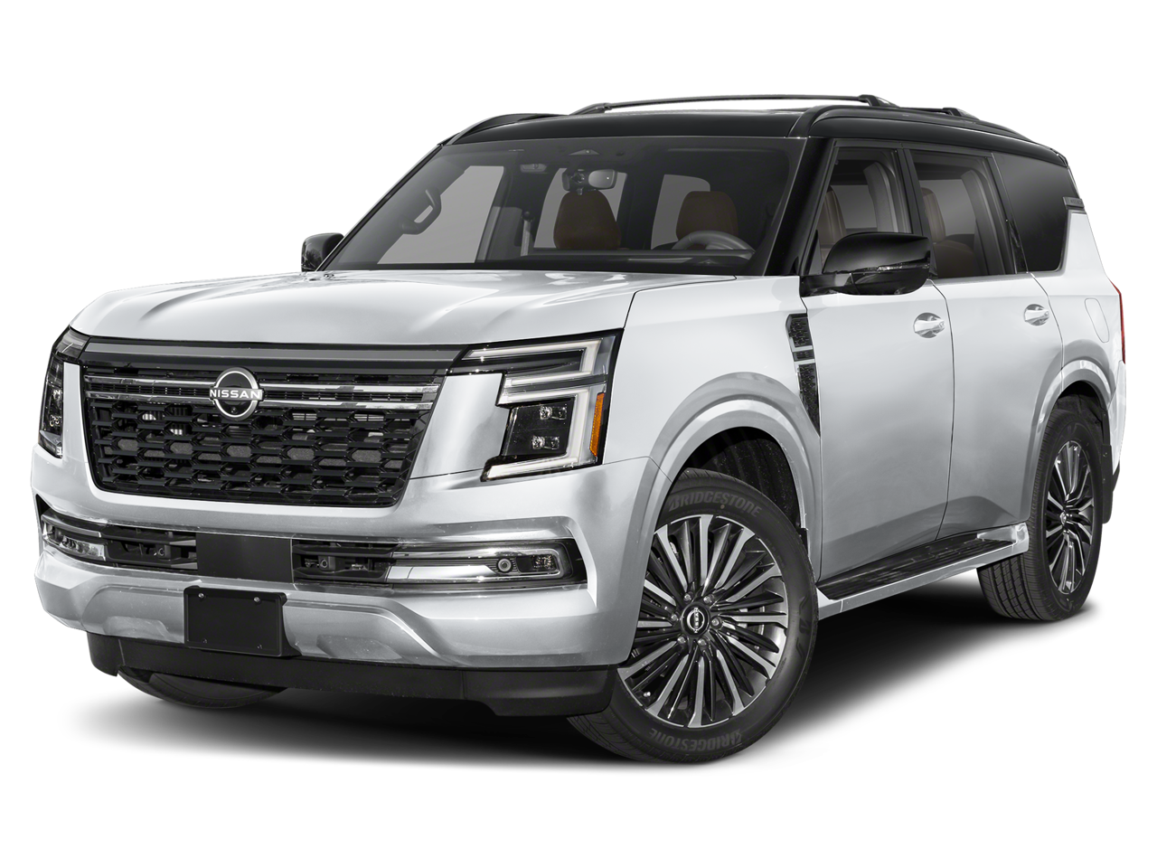 2026 Nissan Armada Platinum Reserve in Everest White Pearl Tricoat/Super Black — front three-quarter view