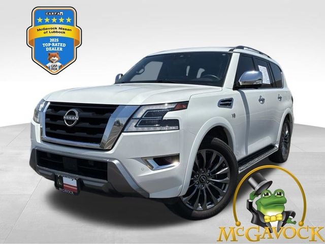 2022 Nissan Armada Platinum in Aspen White Tricoat — front three-quarter view