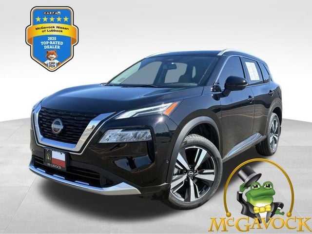 2023 Nissan Rogue Platinum in Super Black — front three-quarter view